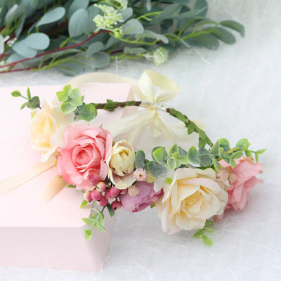 Spring and summer flower garland headwear simulation rose crown water grass headband bride travel photography hair accessories - Korvel