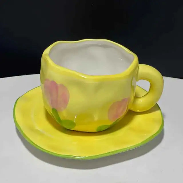 Hand Painted Blue Sky White Clouds Coffee Mug with Saucer Ceramic Handmade Tea Cup Saucer Set Lovely Gift Irregular Coffee Mug - Korvel