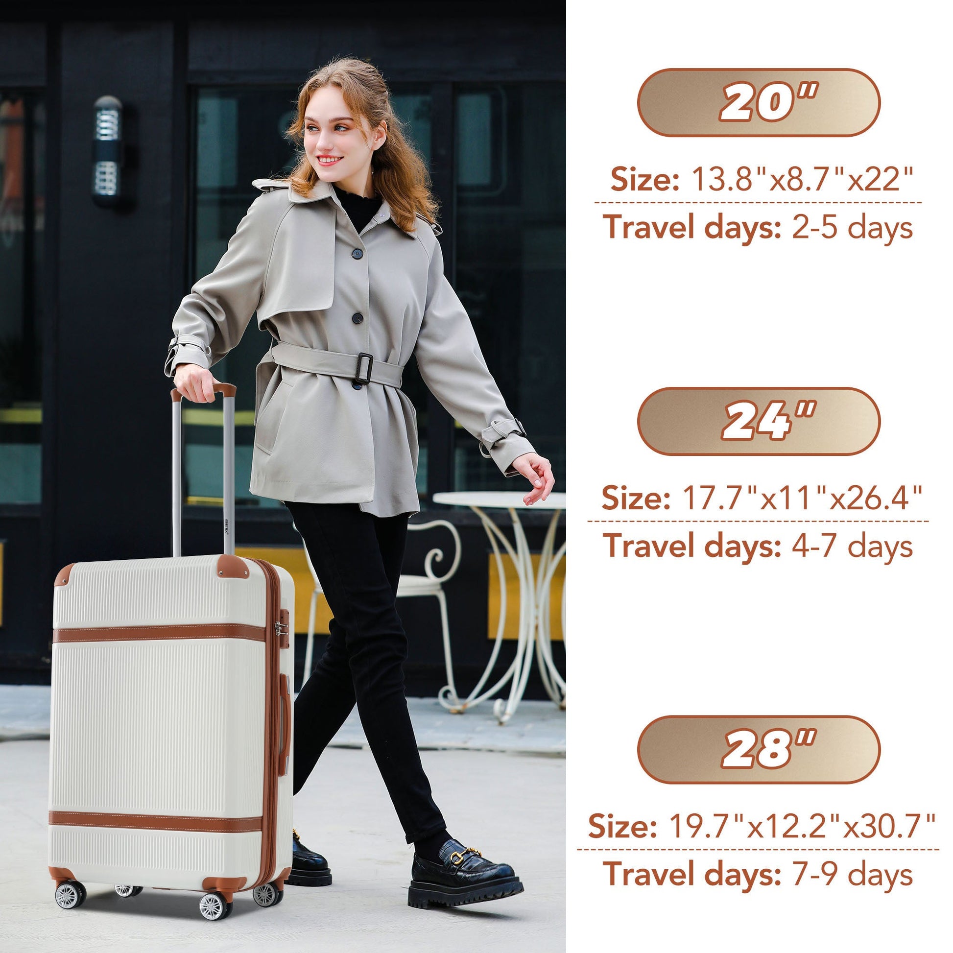 Hardshell Luggage Sets 3 Piece double spinner 8 wheels Suitcase with TSA Lock Lightweight 20''24''28'' White + ABS - Korvel