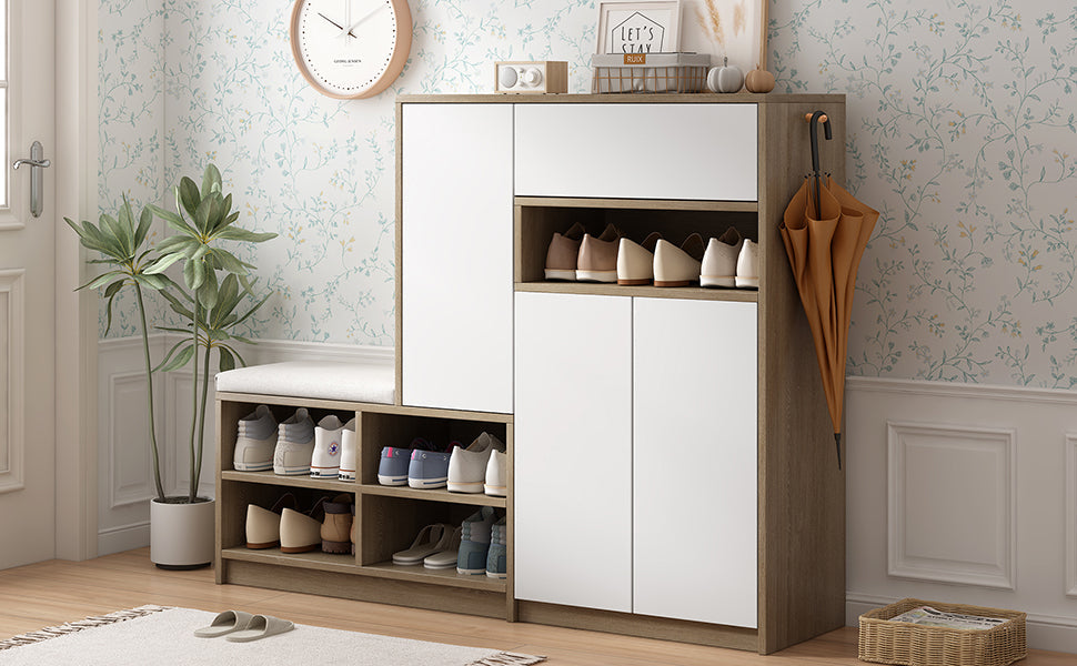 ON-TRANS 2-in-1 shoe storage platform and shoe cabinet, with soft cushioned seats and adjustable shelves, white - Korvel