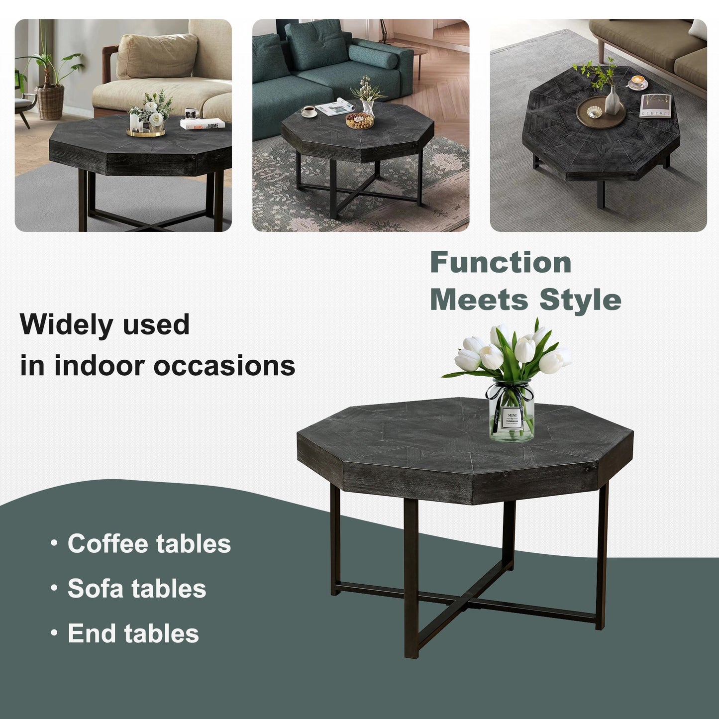 Wooden octagonal retro patchwork craft 30 inch wooden tabletop cross metal leg coffee table (Antique Black) - Korvel