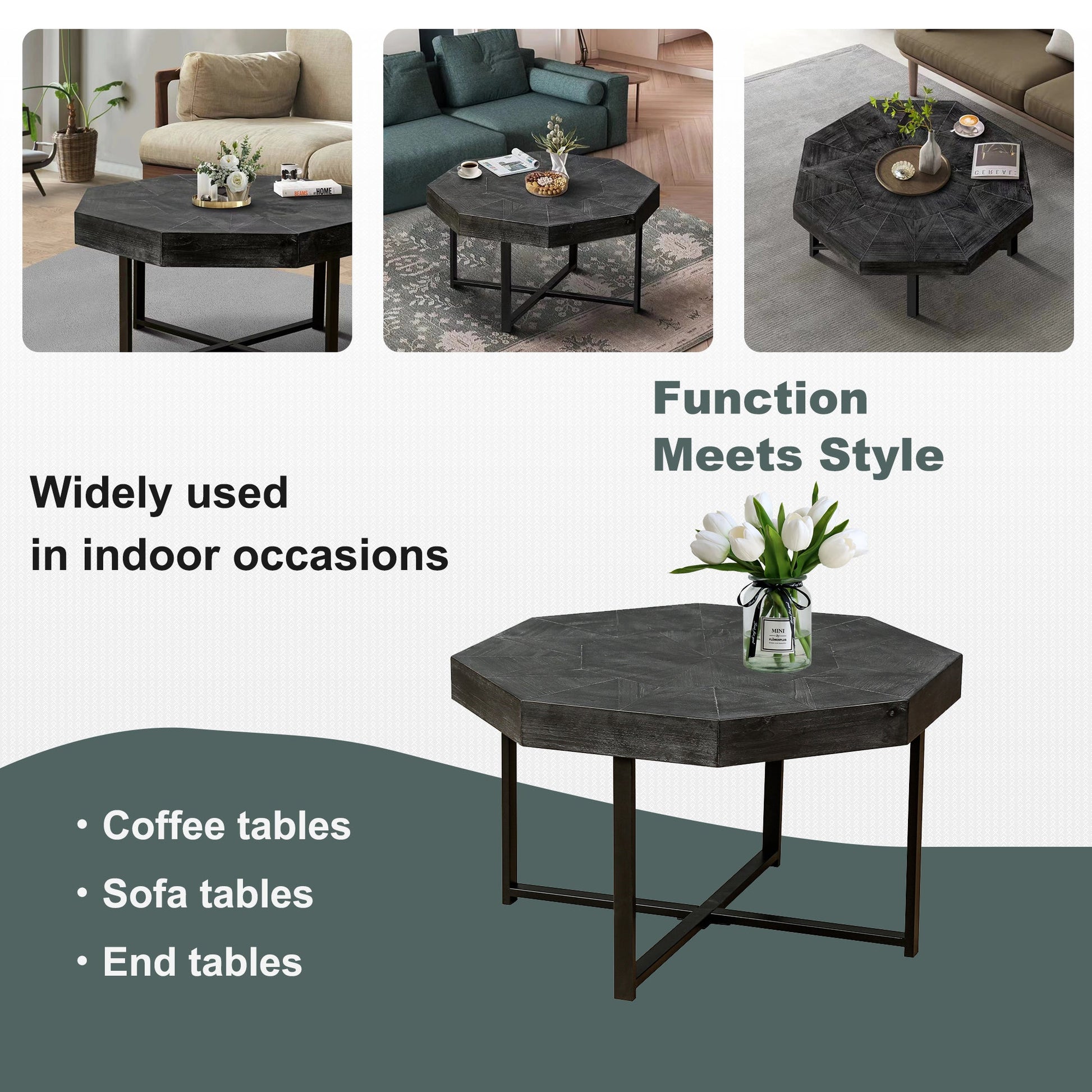 Wooden octagonal retro patchwork craft 30 inch wooden tabletop cross metal leg coffee table (Antique Black) - Korvel