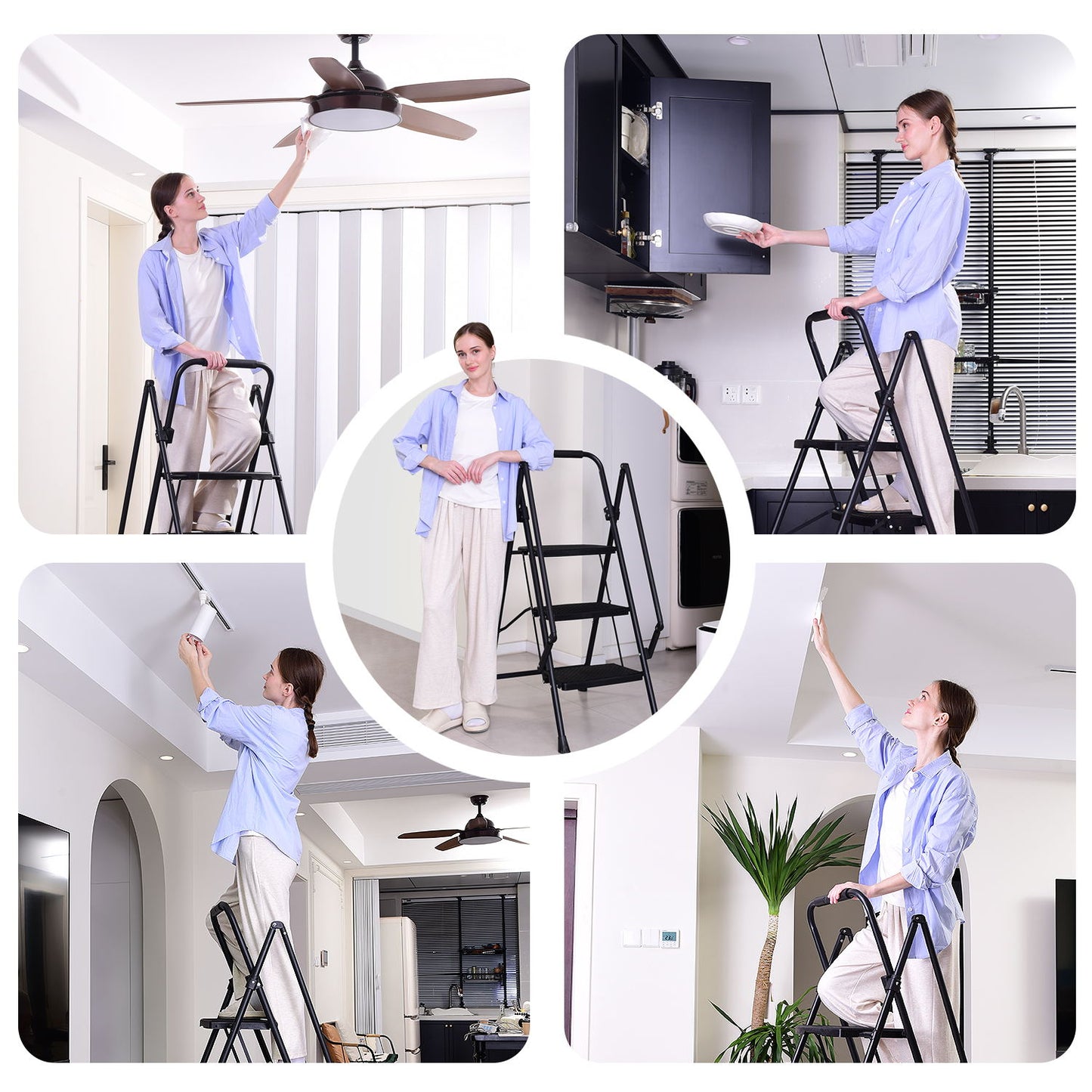 Four step ladder, lightweight folding four step stool, wide anti slip pedal and safety handle, sturdy steel ladder - Korvel