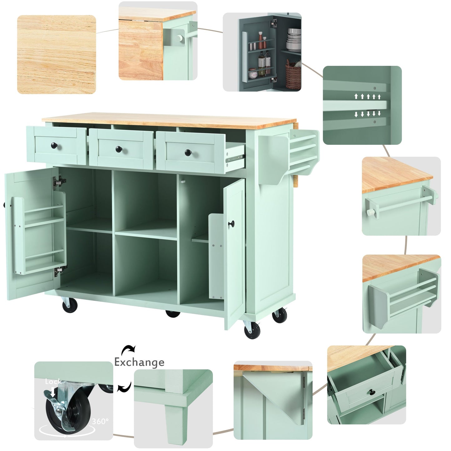 Kitchen trolley, cabinet door internal storage rack with storage cabinet and 3 dining room drawers, mint green - Korvel