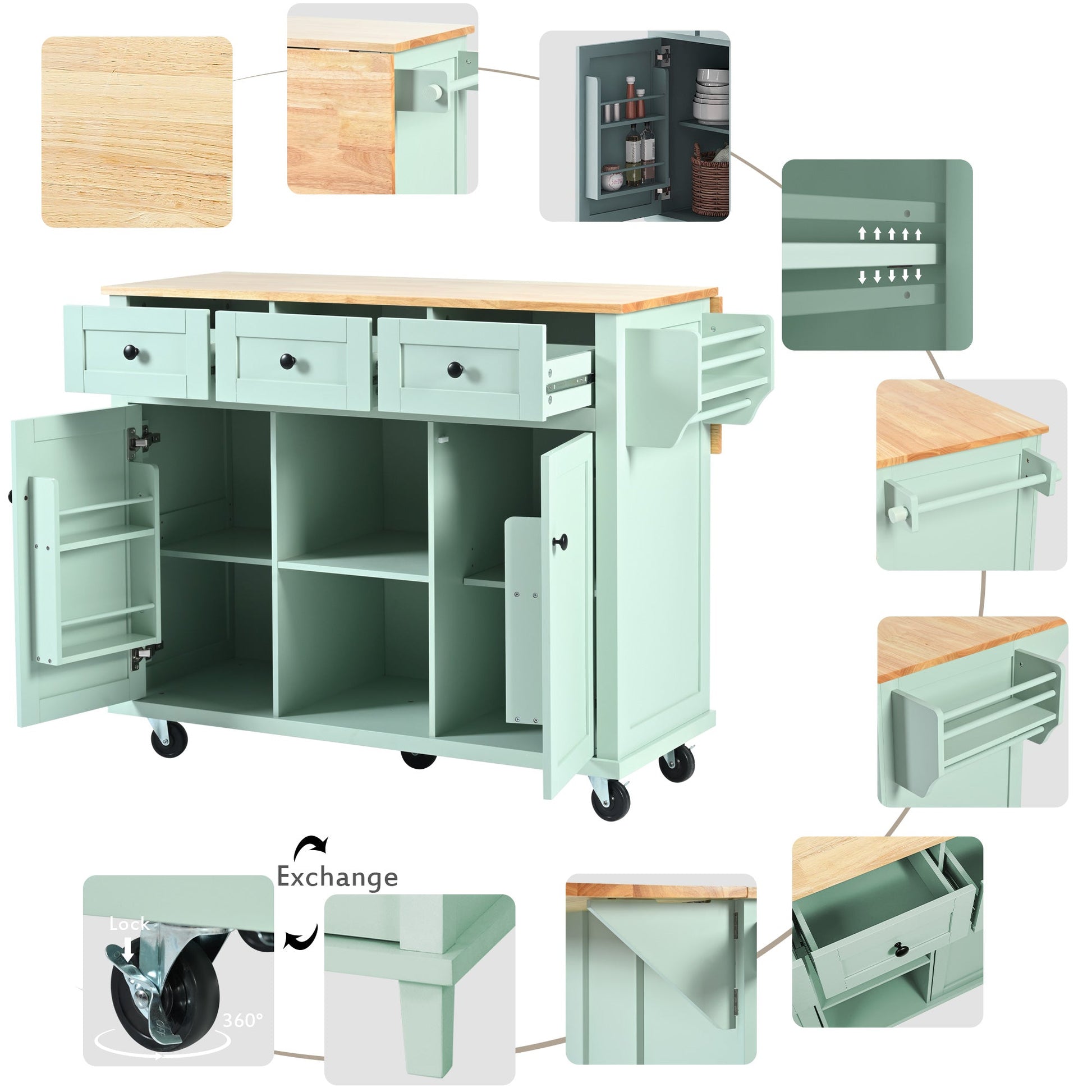 Kitchen trolley, cabinet door internal storage rack with storage cabinet and 3 dining room drawers, mint green - Korvel