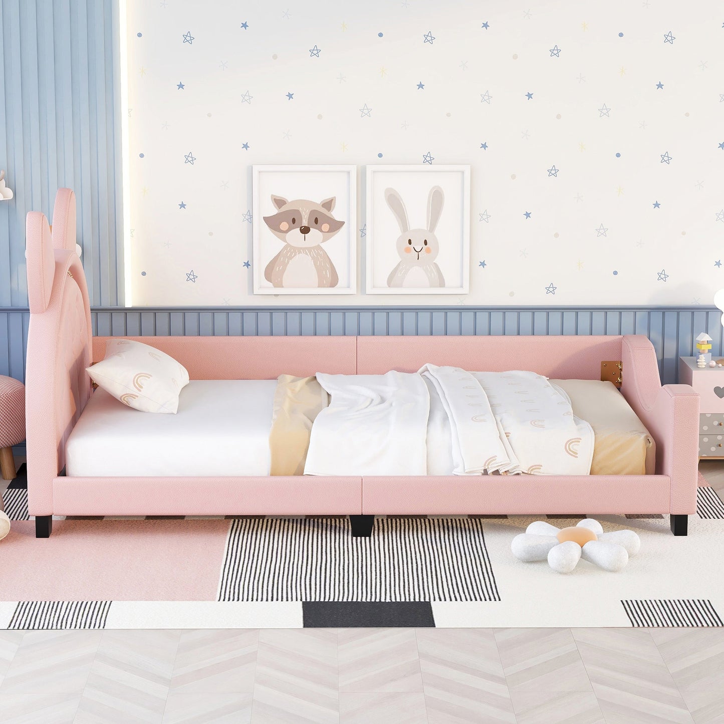 Twin Size Upholstered Daybed with Carton Ears Shaped Headboard  Pink - Korvel