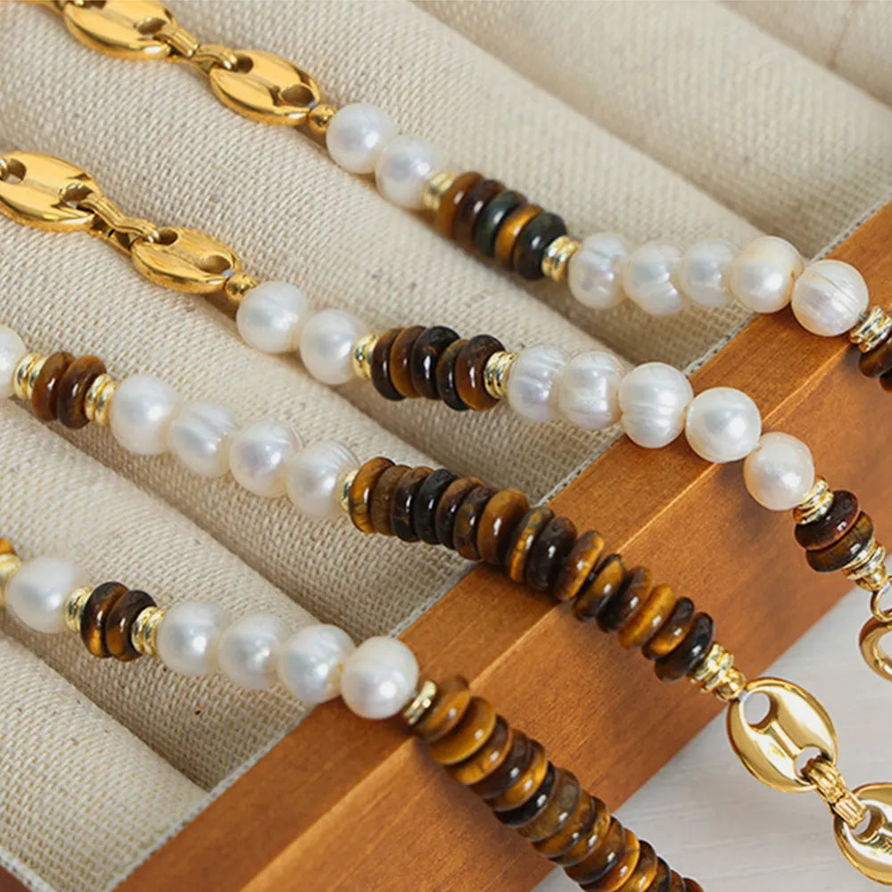 Versatile Light Luxury Titanium Steel Freshwater Pearl Tiger Eye Stone Pig Nose Chain Necklace Jewelry for Women - Korvel