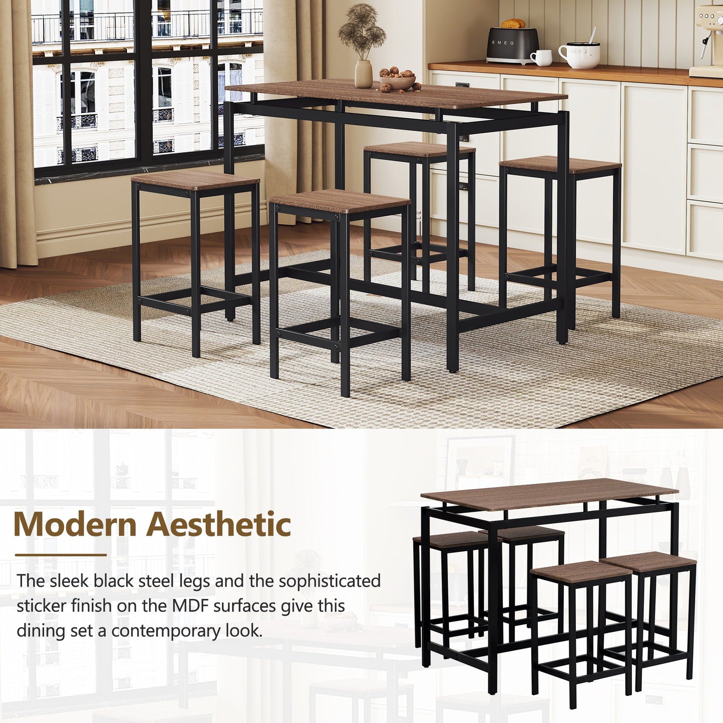 TREXM 5-Piece Compact Bar Table Set - Modern Industrial Design