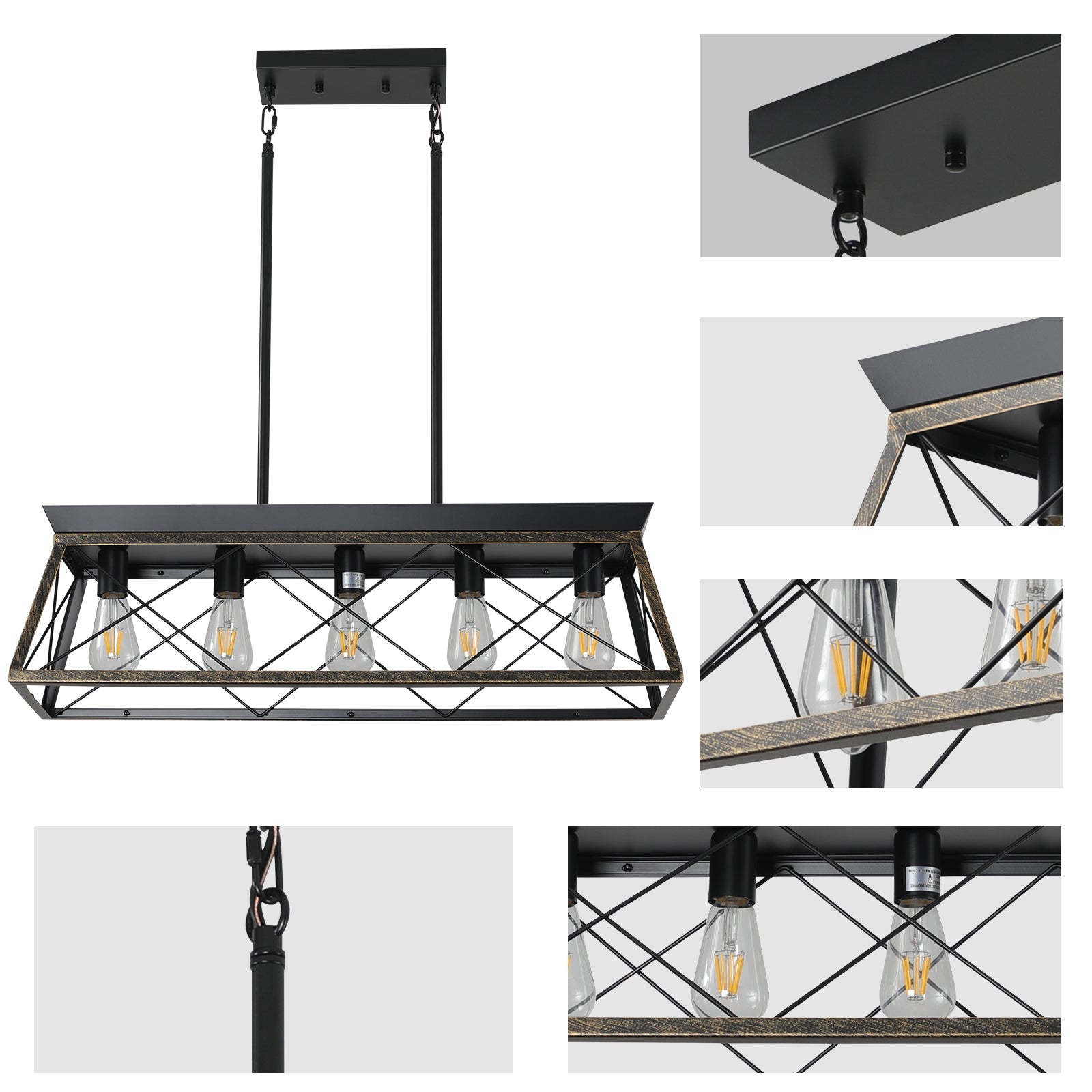 5-Light Farmhouse Chandeliers for Dining Room Metal Rustic Pendant Island Light  Modern Rectangular Island Lights (No Bulbs) - Korvel