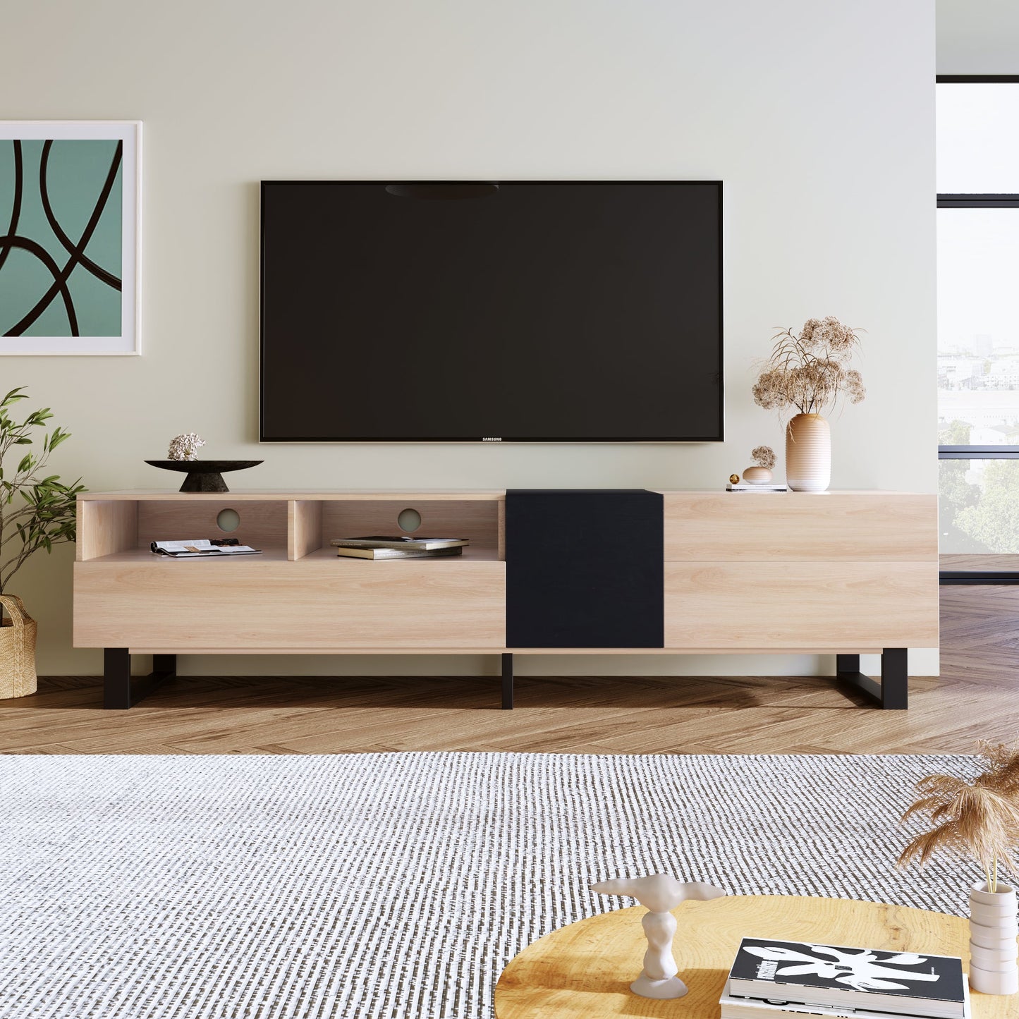 Modern TV Stand for 80'' TV with Double Storage Space Media Console Table Entertainment Center with Drop Down Door - Korvel