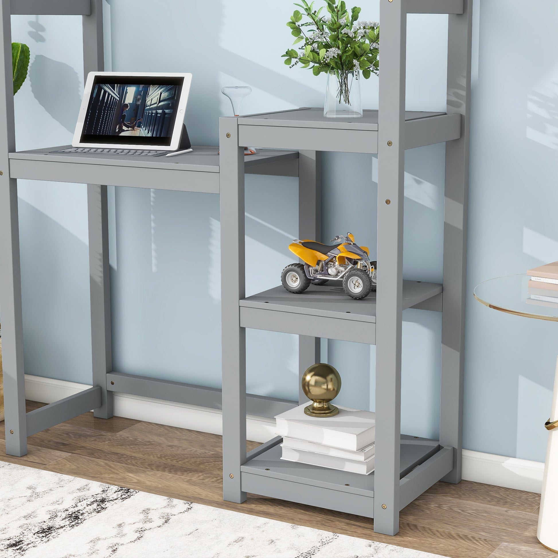 House-shaped Wooden writing Desk,Kids study Table,Bookshelf & Toy Storage,Grey - Korvel