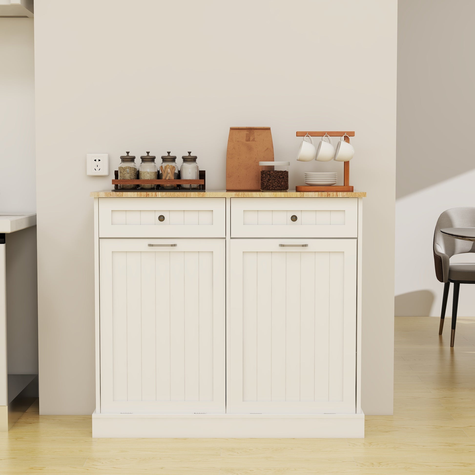 Two Drawers and Two-Compartment Tilt-Out Trash Cabinet Kitchen Trash Cabinet-White - Korvel