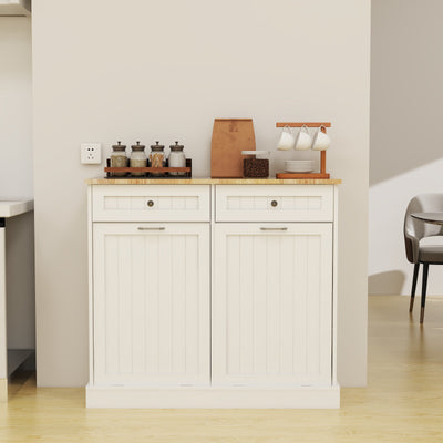Two Drawers and Two-Compartment Tilt-Out Trash Cabinet Kitchen Trash Cabinet-White - Korvel