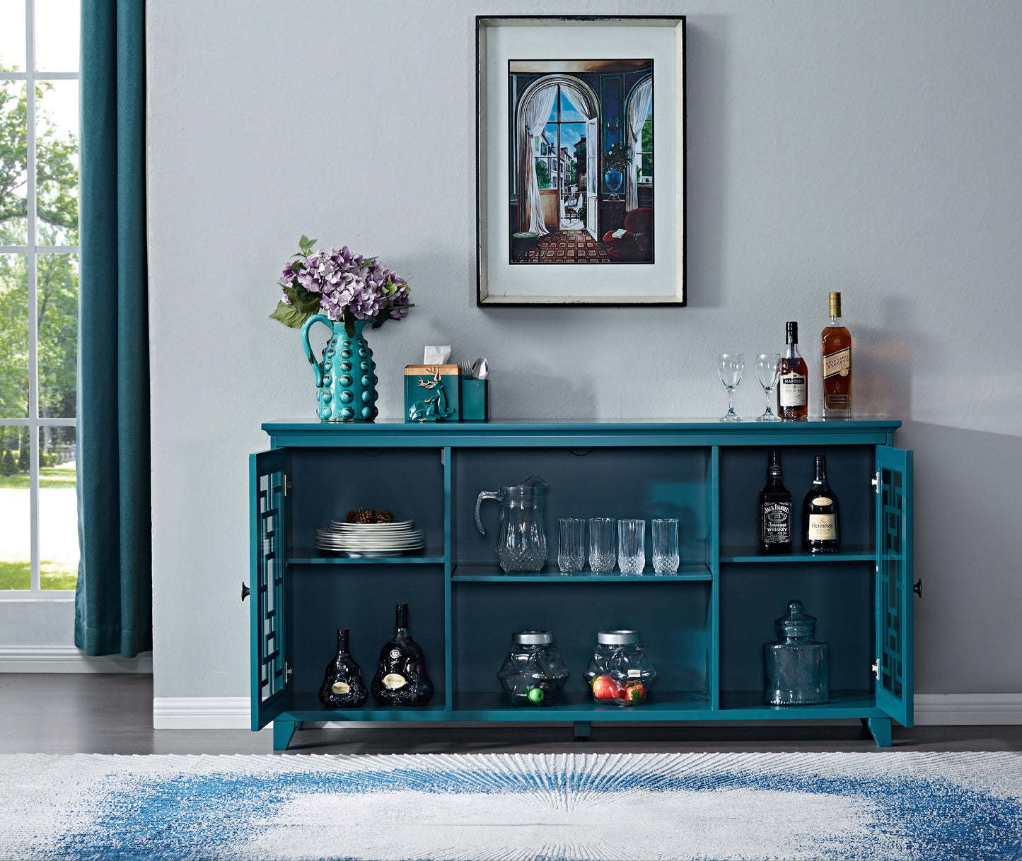 60" Teal Blue Sideboard Buffet Table & Storage Cabinet