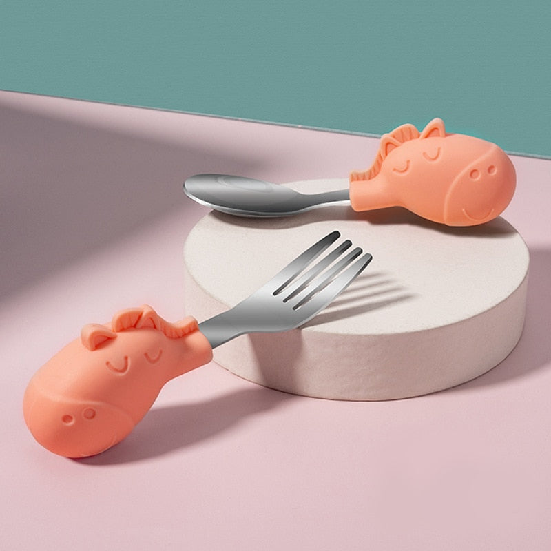 Baby Gadgets Tableware Set Children Utensil Stainless Steel Toddler Dinnerware Cutlery Cartoon Infant Food Feeding Spoon Fork - Korvel
