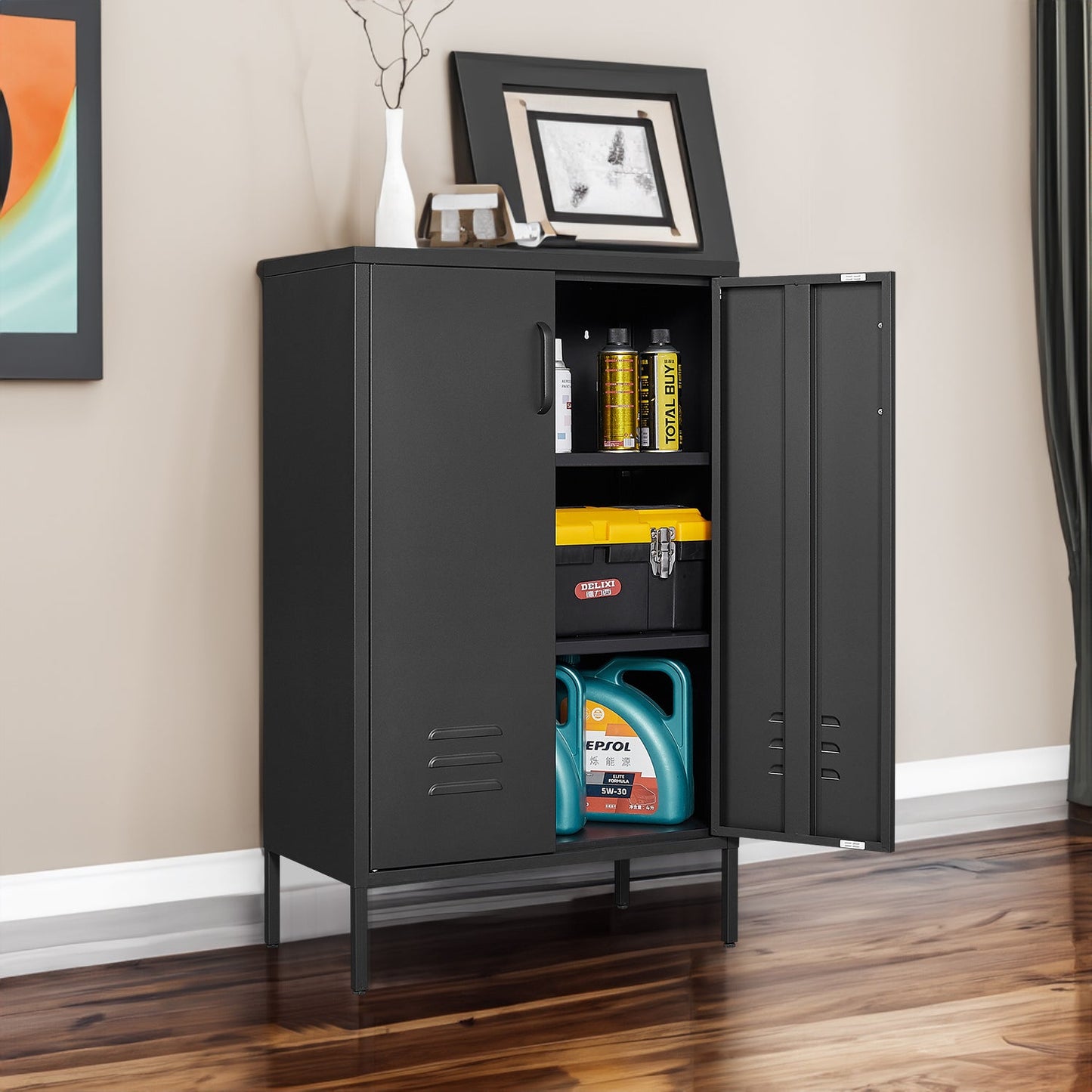 Armoire de rangement en acier premium avec portes doubles et partitions mobiles