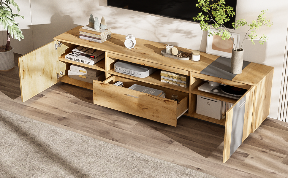70 inch modern TV stand with 3 cabinets and drawers, entertainment center can accommodate TVs under 80 inches - Korvel