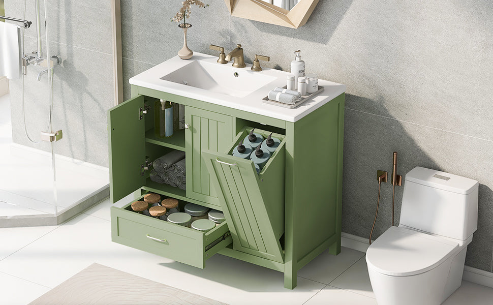 Meuble de salle de bain vert de 36" avec évier et rangement