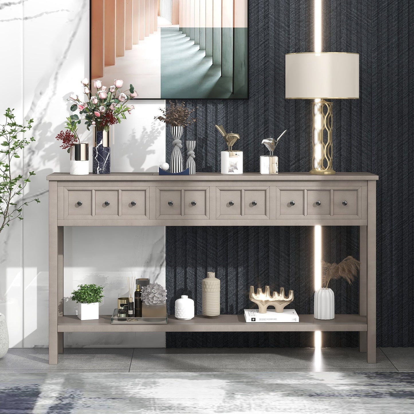 TREXM Rustic Entryway Console Table60" Long Sofa Table with two Different Size Drawers and Bottom Shelf for Storage (Gray Wash) - Korvel