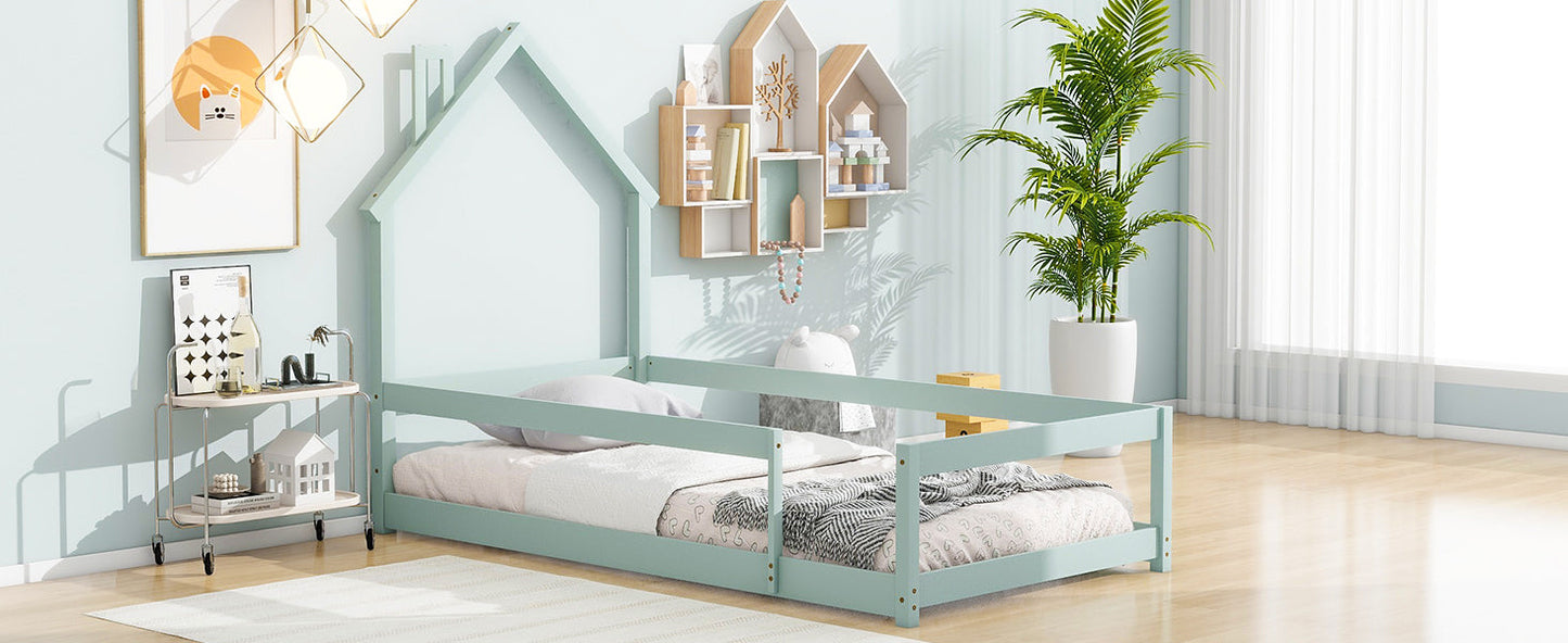 Twin Size Wood Bed with House-Shaped Headboard in Light Green