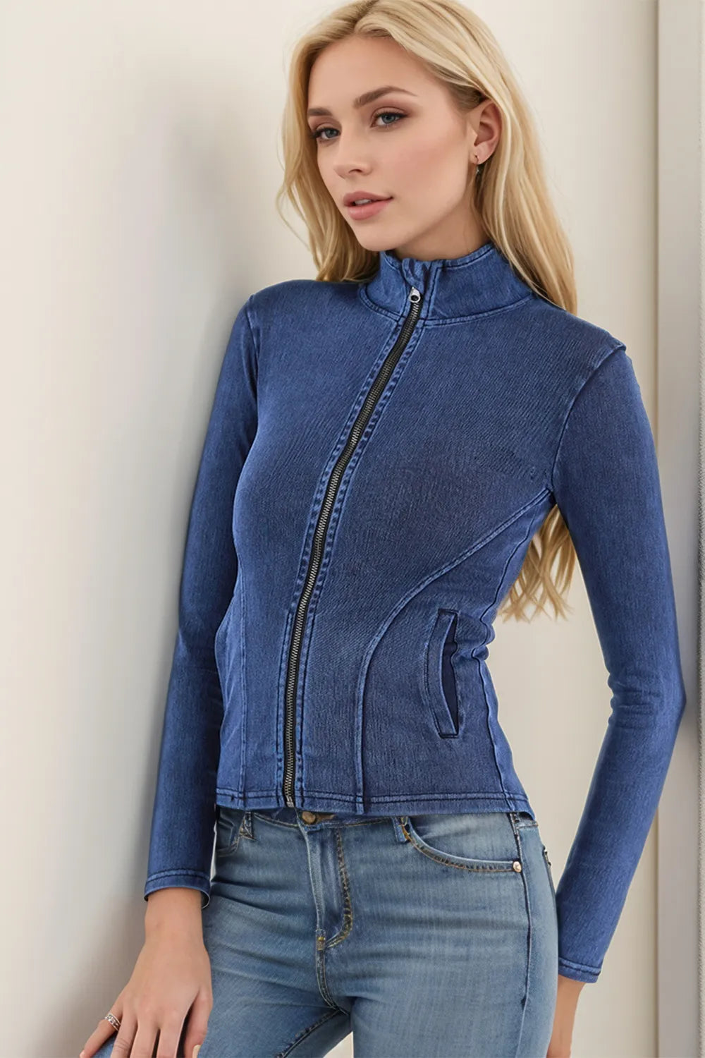 Pocketed Turtleneck Zip Up Denim Top - Korvel