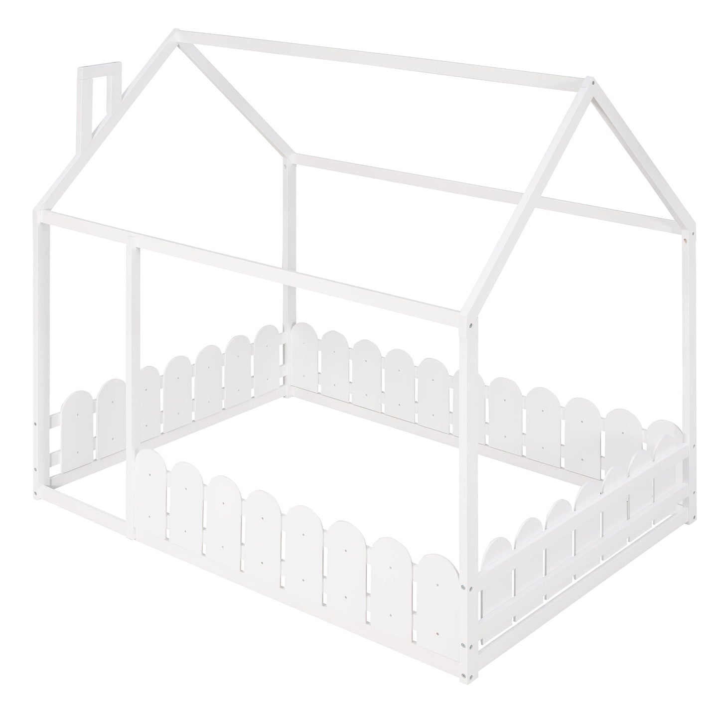 (Slats are not included) Full Size Wood Bed House Bed Frame with Fence for Kids Teens Girls Boys (White ) - Korvel