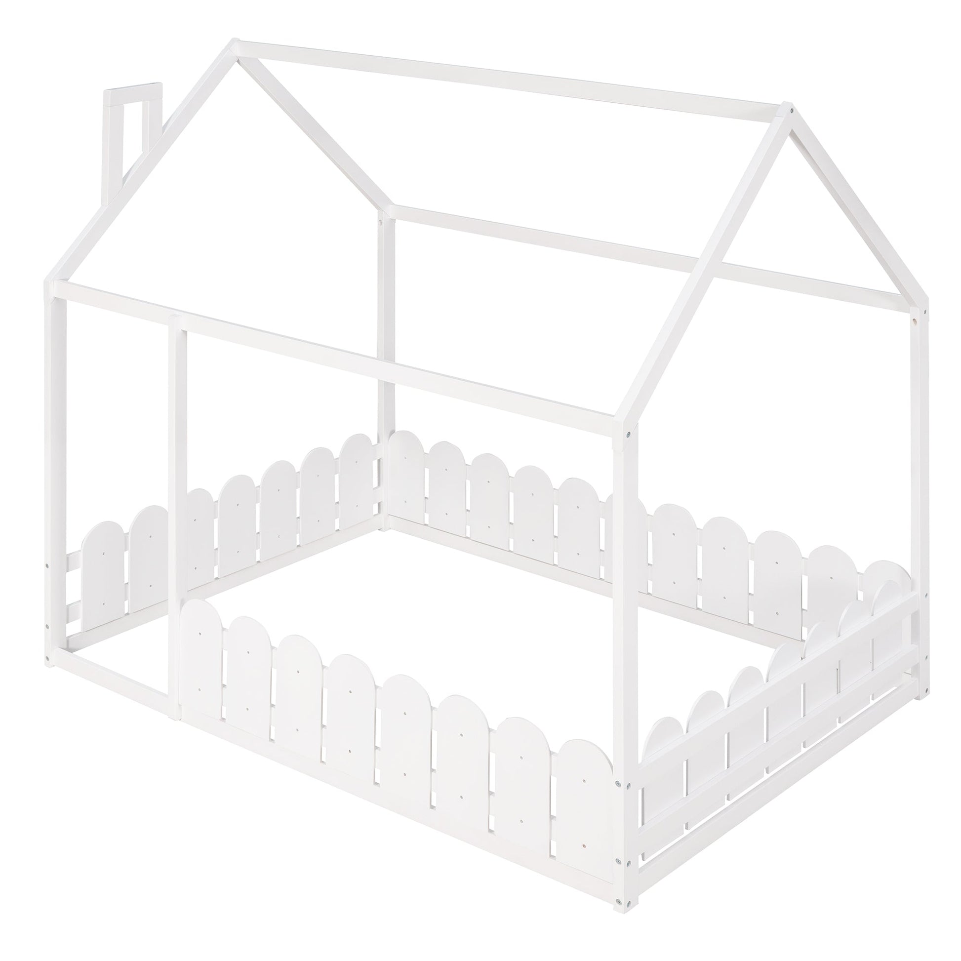 (Slats are not included) Full Size Wood Bed House Bed Frame with Fence for Kids Teens Girls Boys (White ) - Korvel