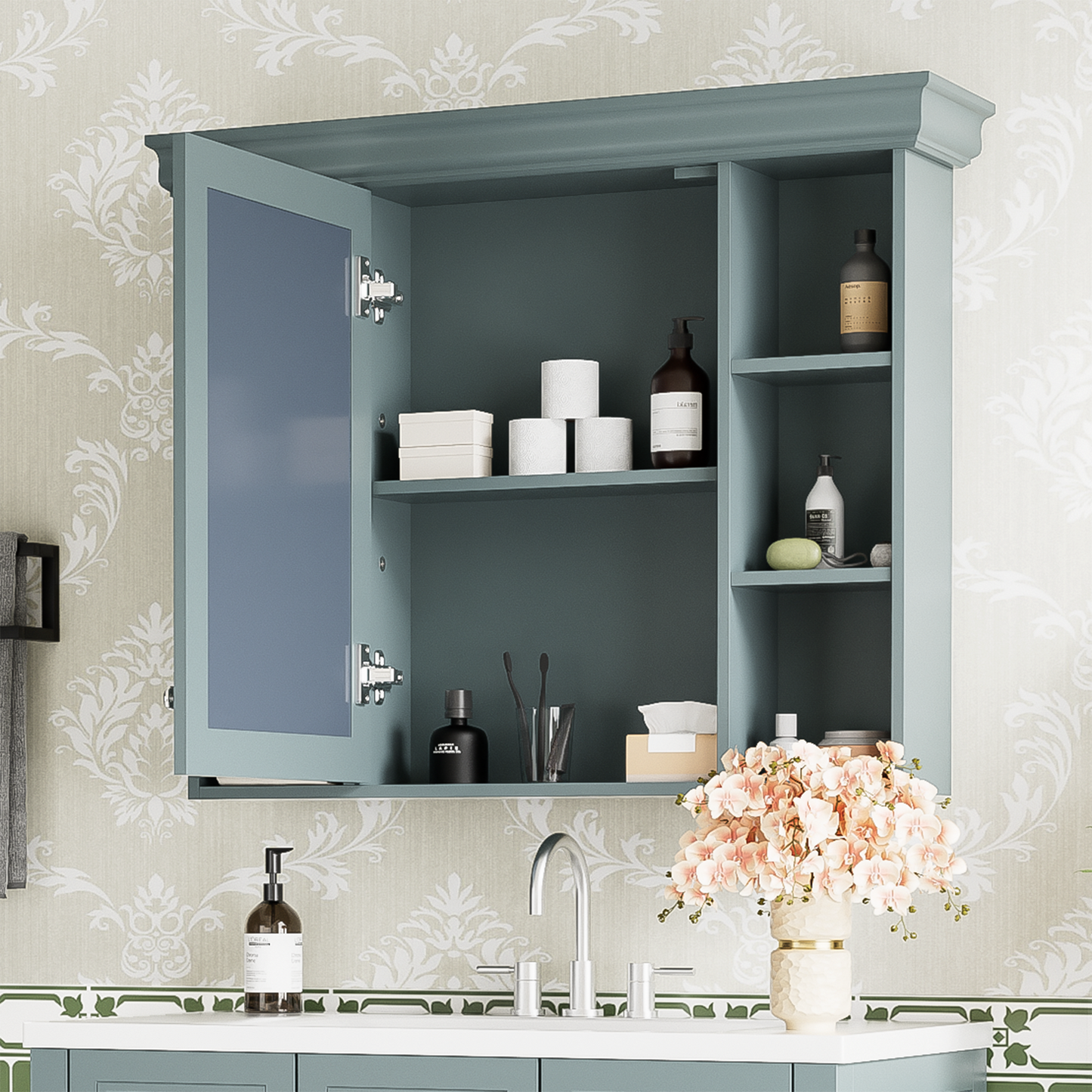 35 ''x 28' 'blue wall mounted bathroom storage cabinet with mirror door and medication cabinet with 6 open shelves - Korvel