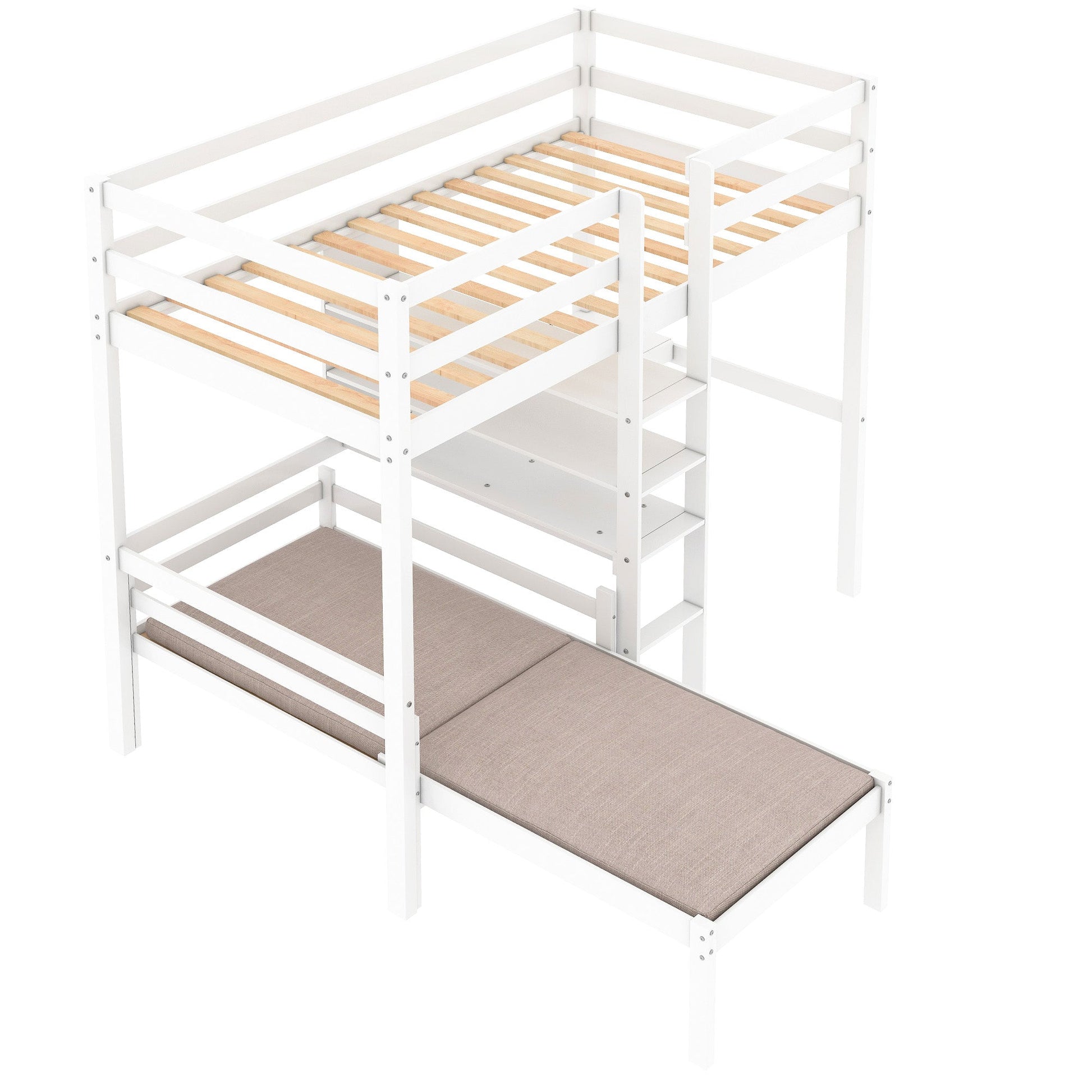 Convertible Loft Bed with L-Shape Desk, Twin Bunk Bed with Shelves and Ladder White - Korvel