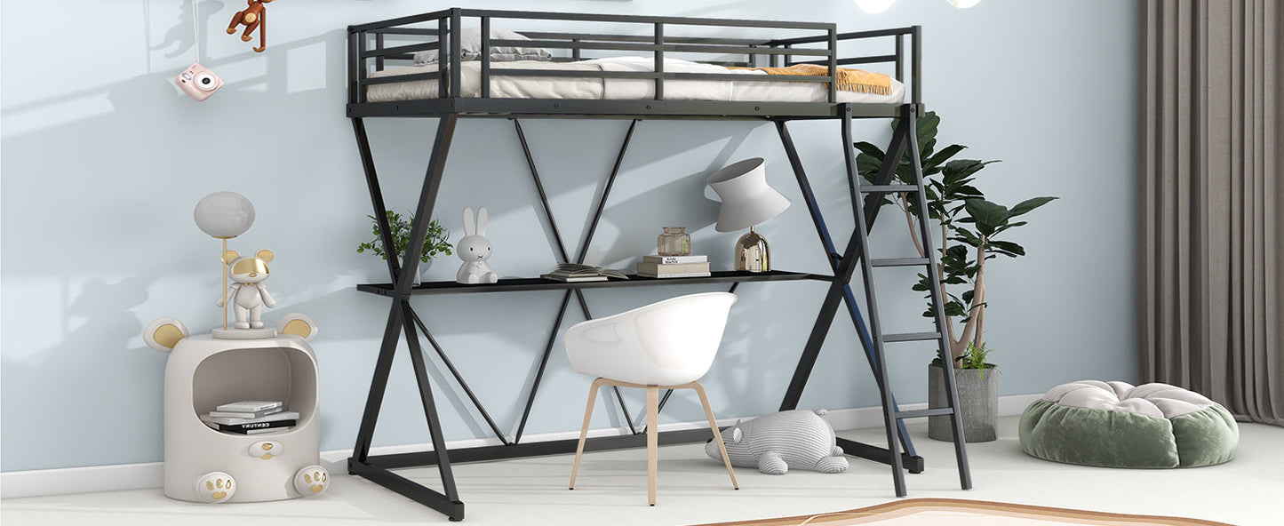 Premium Twin Size Loft Bed with Desk and Guardrails - Black
