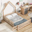 Full House-Shaped Headboard Floor Bed with Fence - Natural