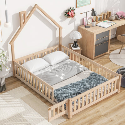 Full House-Shaped Headboard Floor Bed with Fence - Natural