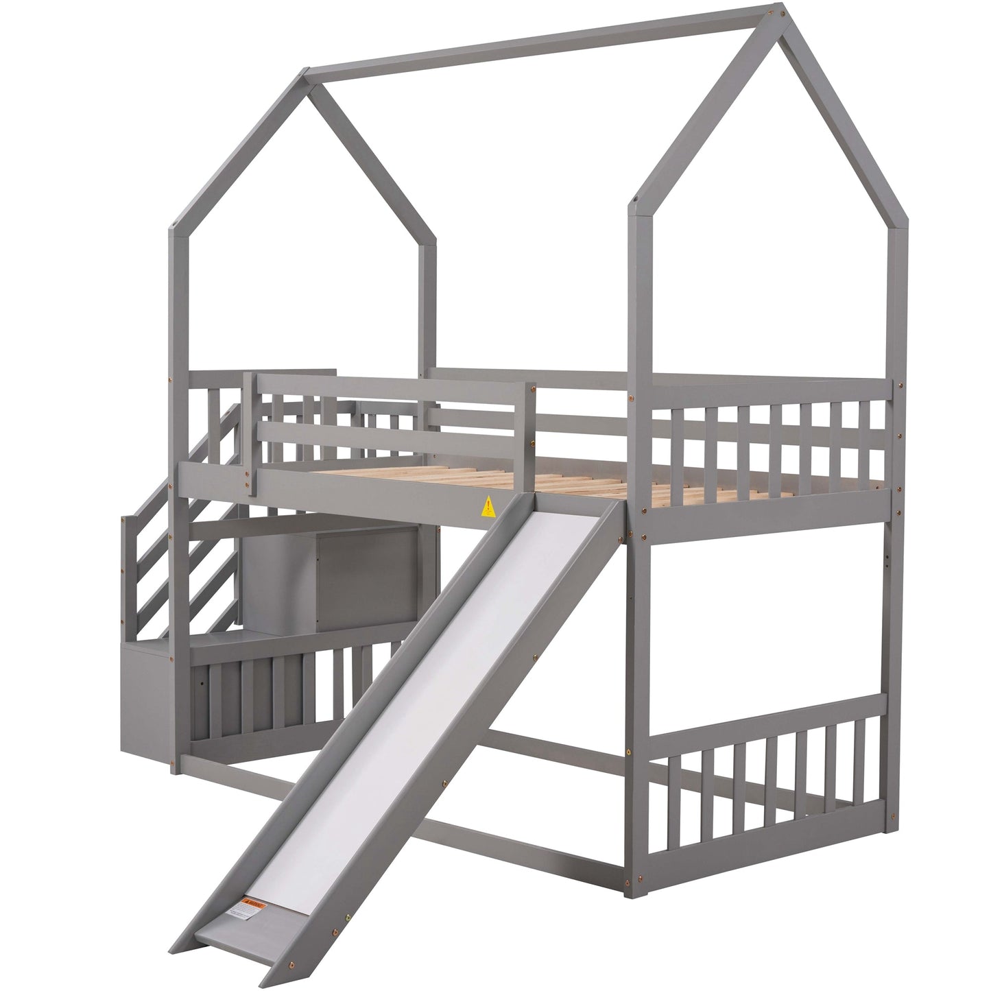 Lit superposé maison jumeau sur jumeau avec toboggan et escalier de rangement - Gris