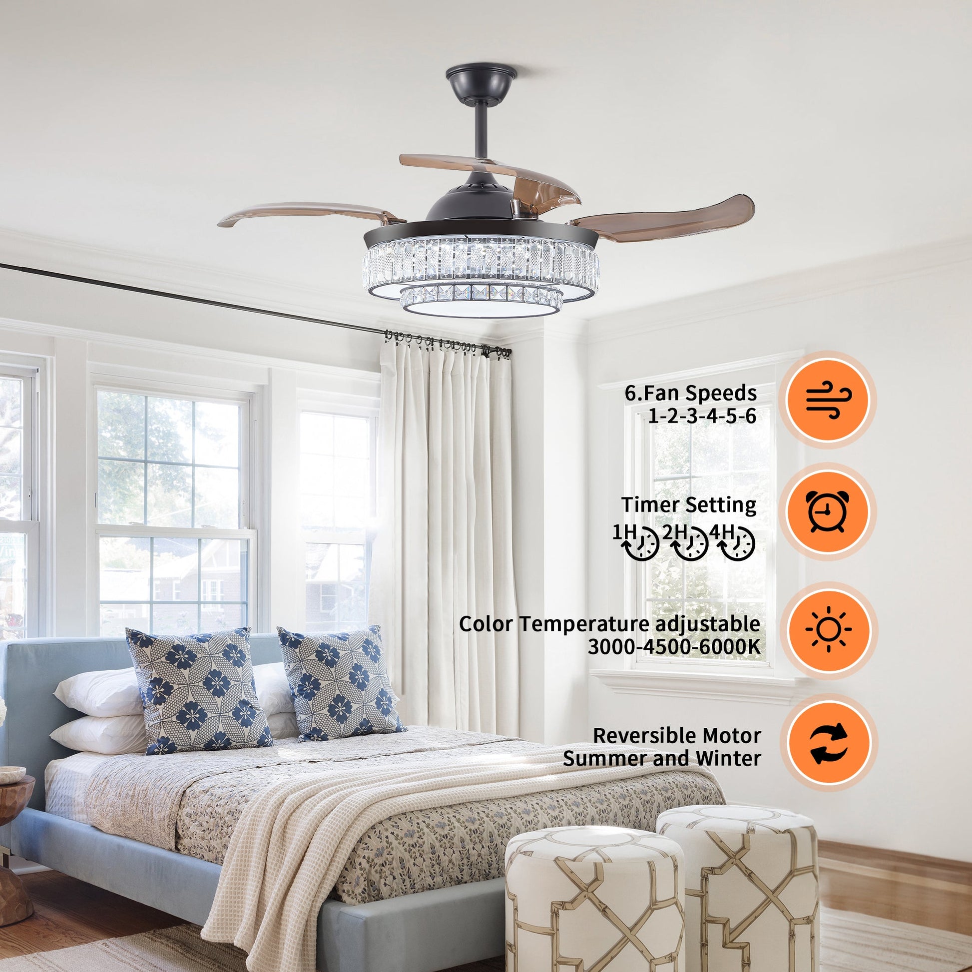Modern LED retractable ceiling fan with lighting and remote control, silent reversible motor, 4-blade modern ceiling fan - Korvel