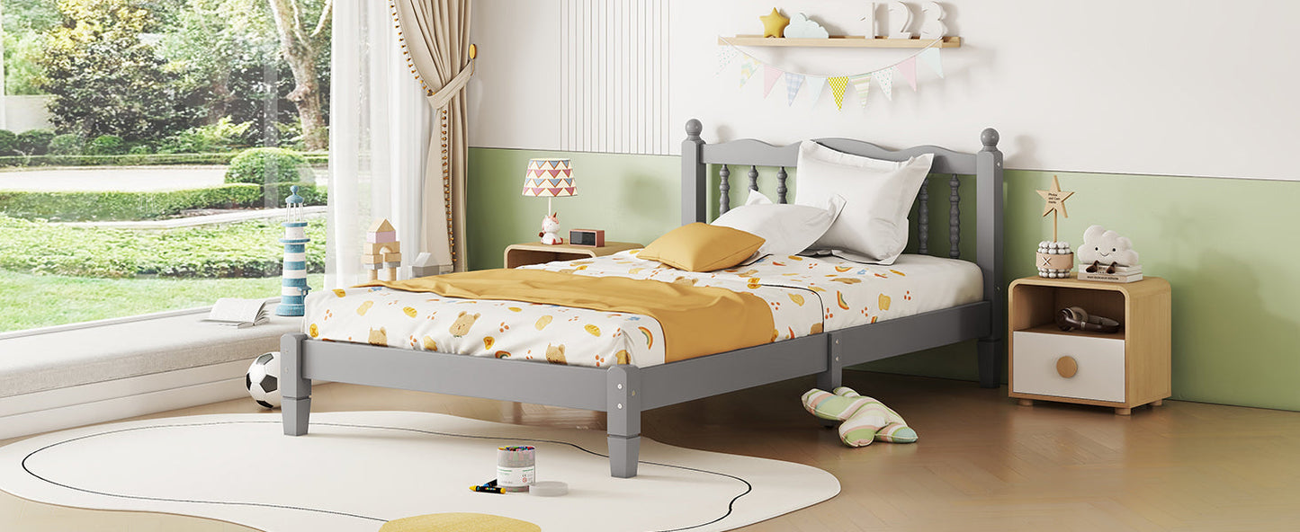 Twin Bed with Column-Decoration Headboard, with Bed Slats,Grey - Korvel