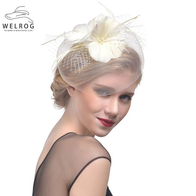 WELROG Feather Cap Lady Cocktail Dinner Party Fedoras Wedding Bridal Mesh Veil Hats Vintage Sombreros Chapeau Fascinators Hat - Korvel