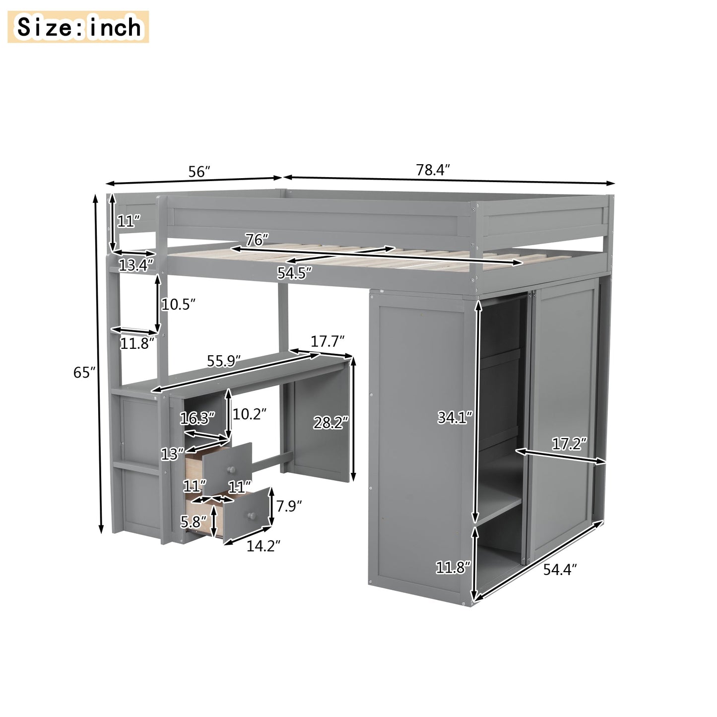 Wood Full Size Loft Bed with Wardrobes and 2-Drawer Desk with Cabinet  Gray - Korvel