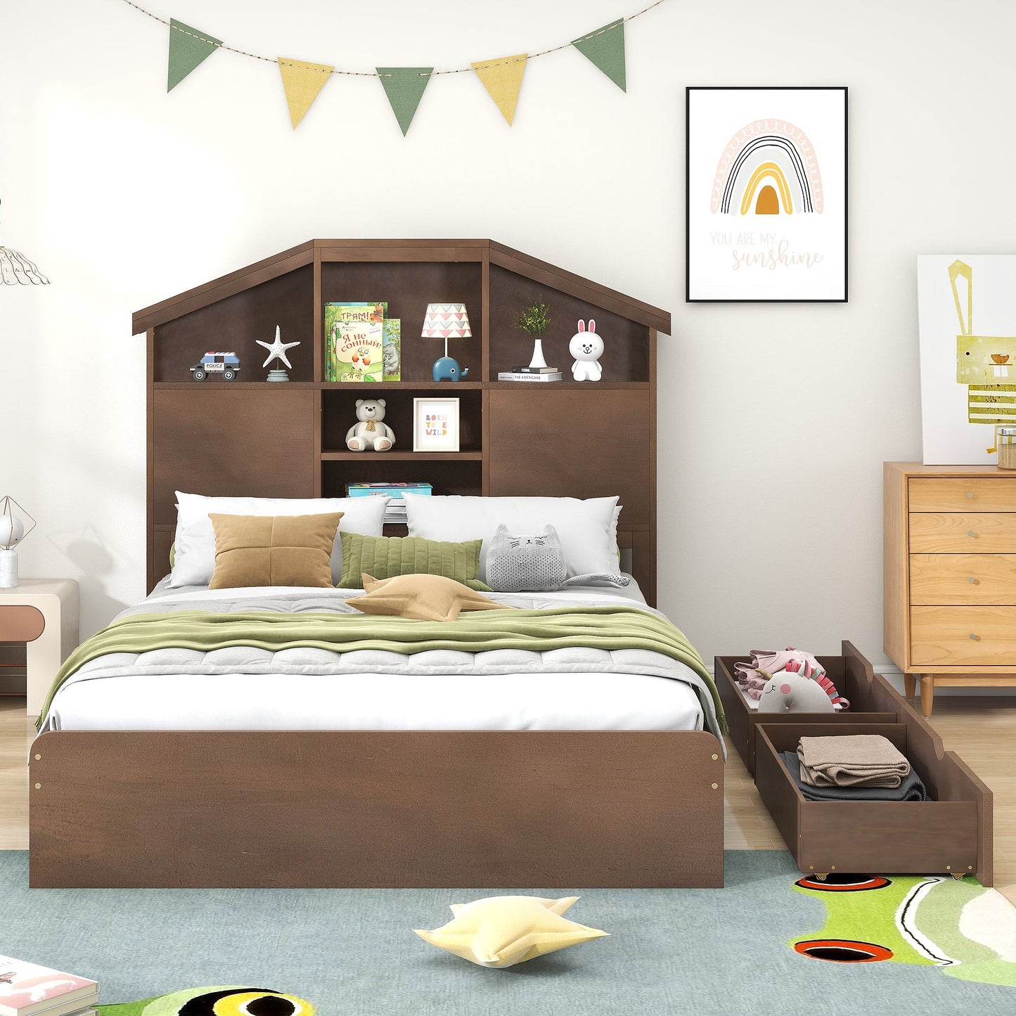 Cama Plataforma de Madera de Nogal de Tamaño Completo con Cabecera de Almacenamiento