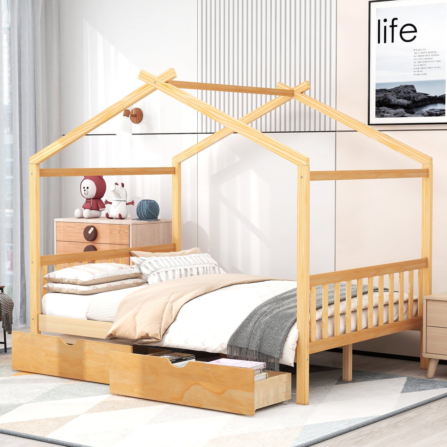 Full Size House Platform Bed with Storage Drawers and Roof Design