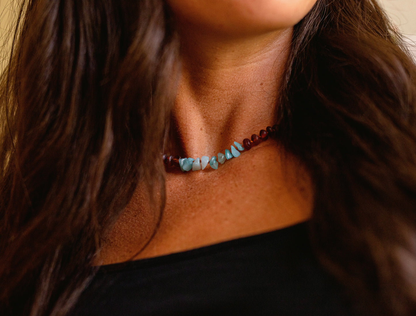 Raw Cognac Baltic Amber + Aquamarine || Necklace - Korvel