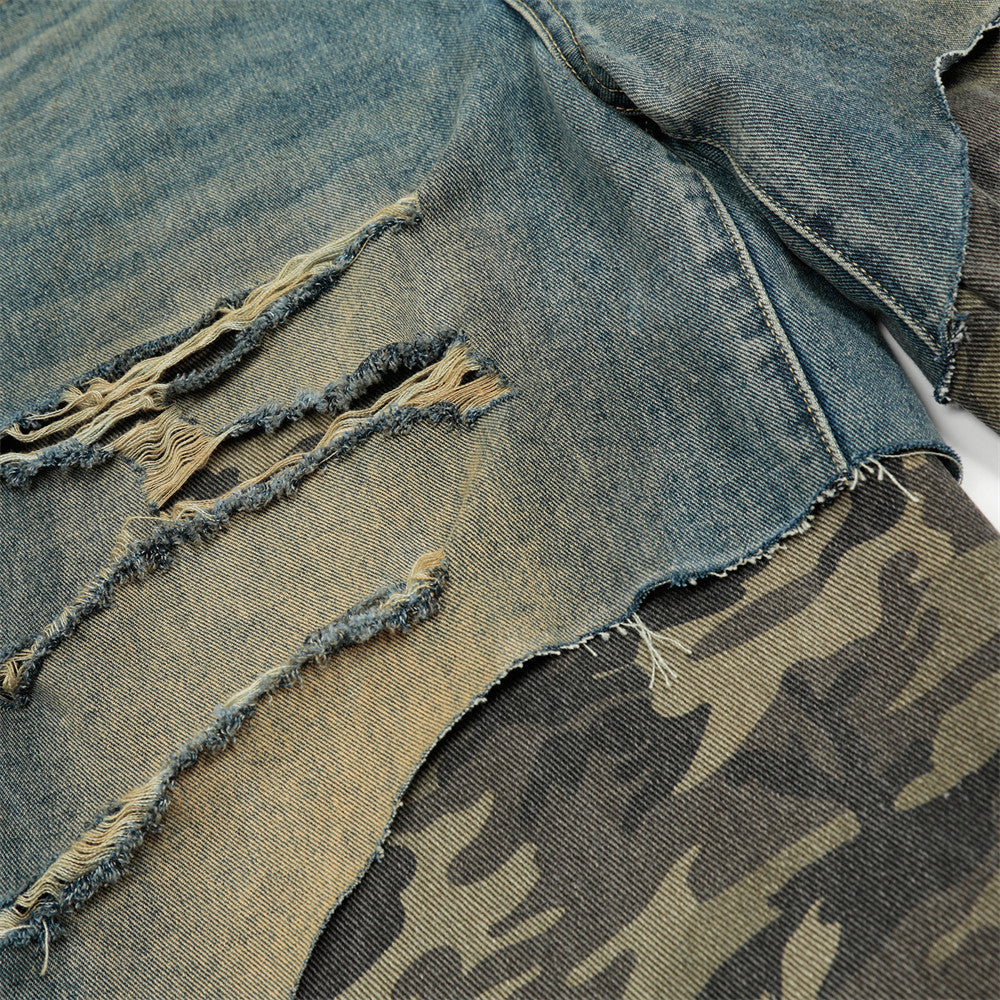 Shorts en denim camouflage patchwork pour hommes