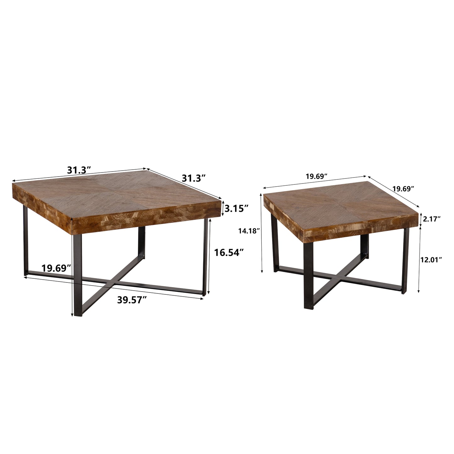 31.3"Modern Retro Splicing Square Coffee Table  Fir Wood Table Top with Cross Legs Metal Base (Set of 2 pcs ) - Korvel