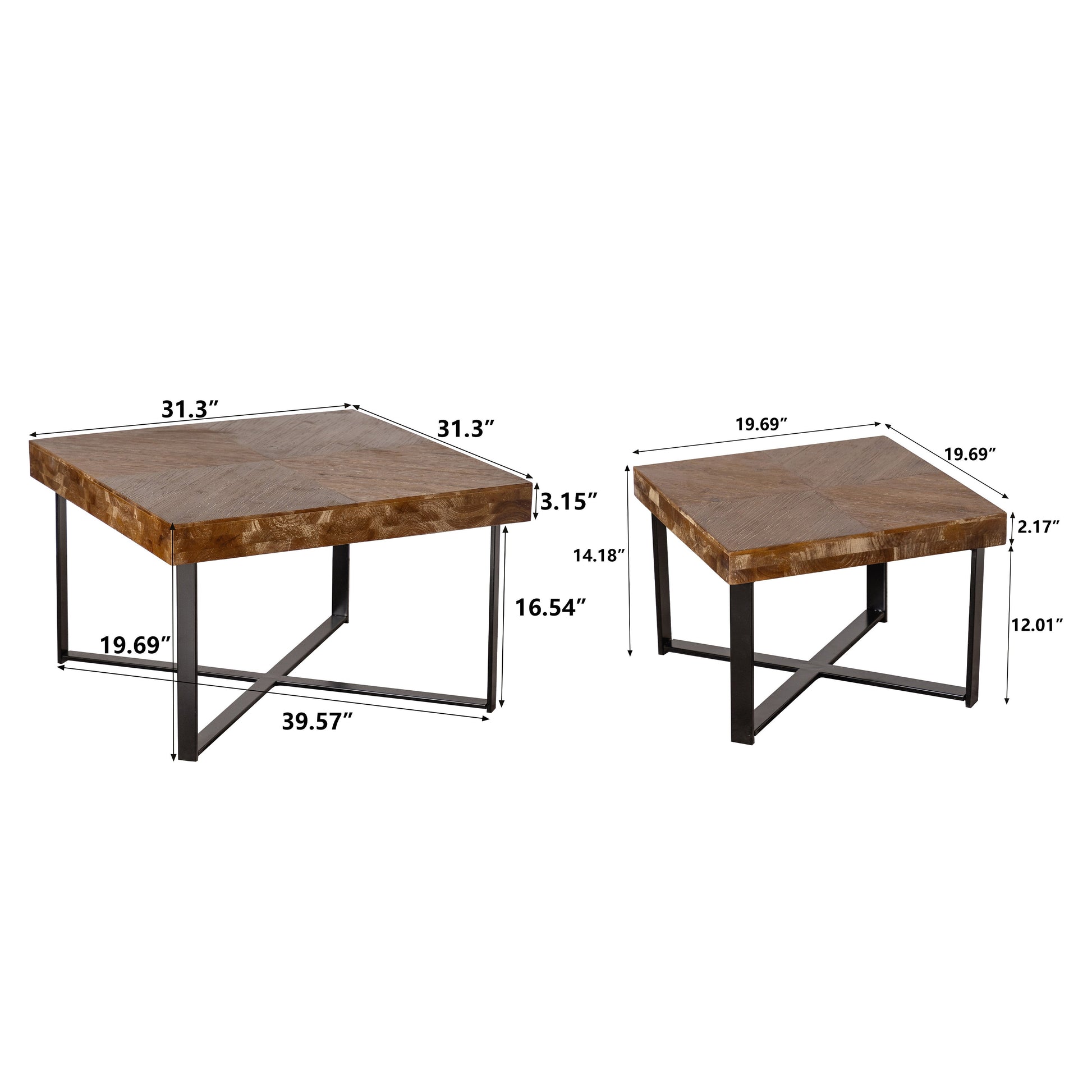 31.3"Modern Retro Splicing Square Coffee Table  Fir Wood Table Top with Cross Legs Metal Base (Set of 2 pcs ) - Korvel