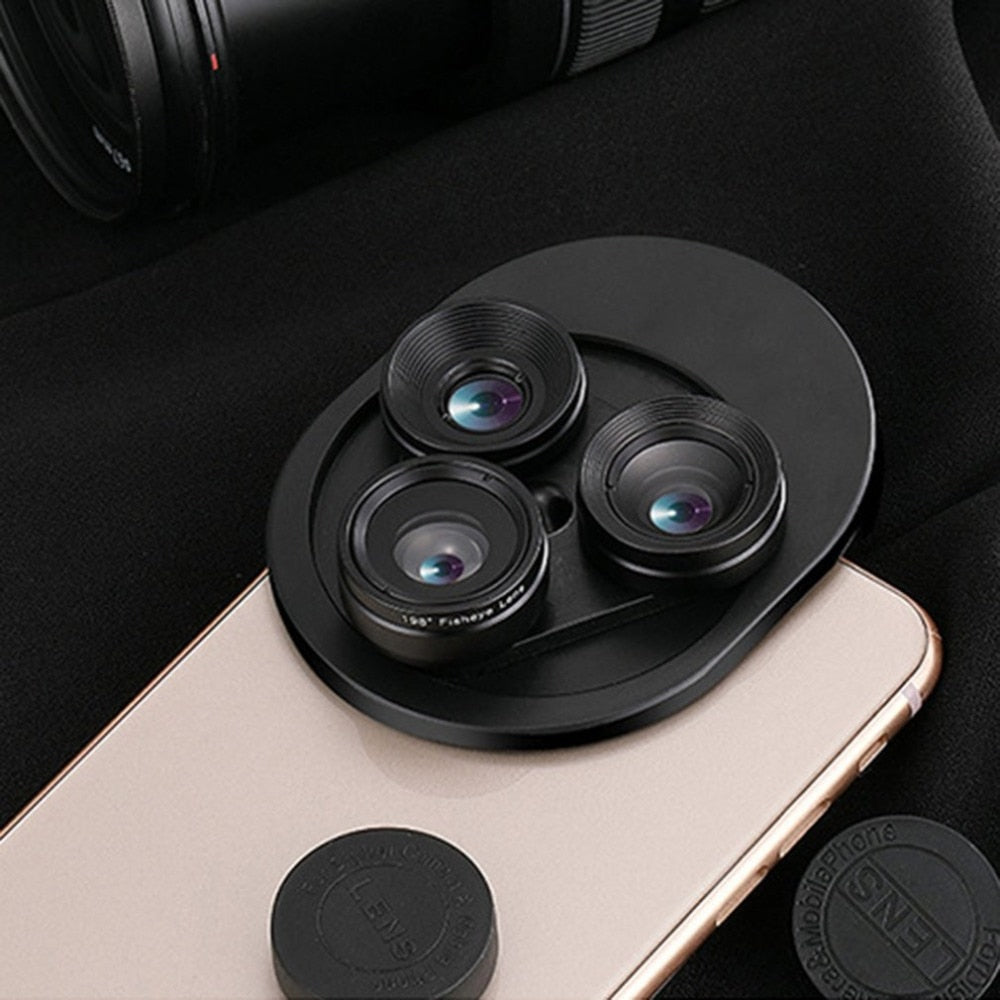 3 In 1 Mobile Phone Lens Set Professional Integral Turntable External Use Wide Angle + Fish Eye + Macro Camera Lens Set - Korvel