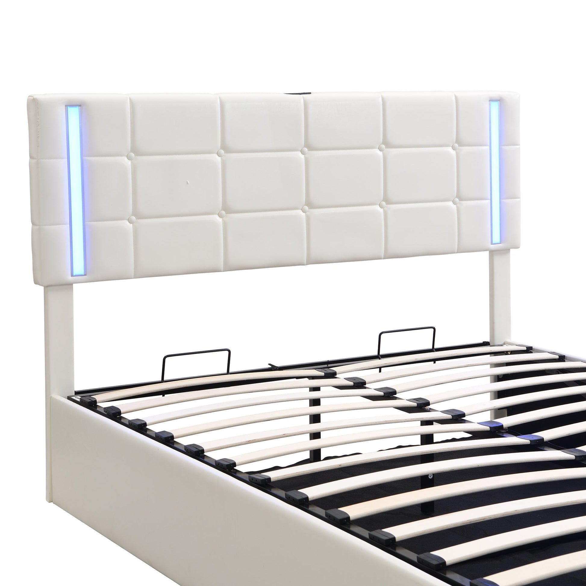 Queen Size Upholstered Bed with LED Lights Hydraulic Storage System and USB Charging Station White - Korvel