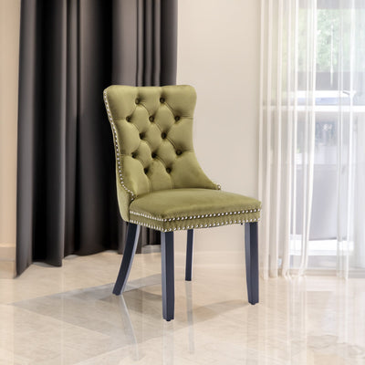 High-end Tufted Solid Wood Contemporary Velvet Upholstered Dining Chair with Wood Legs Nailhead Trim 2-Pcs Set Olive-Green - Korvel