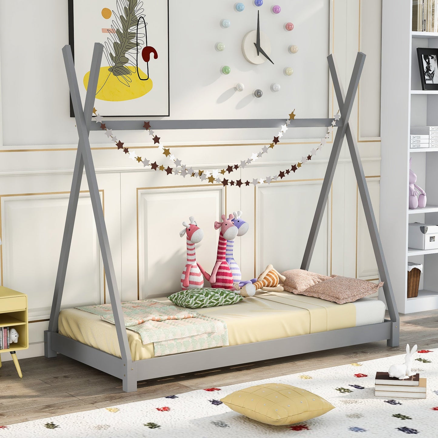Twin Size House Platform Bed with Triangle Structure Gray - Korvel