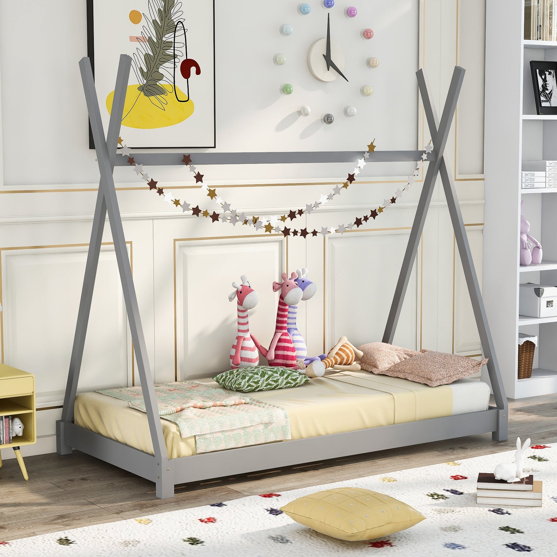 Twin Size House Platform Bed with Triangle Structure Gray - Korvel