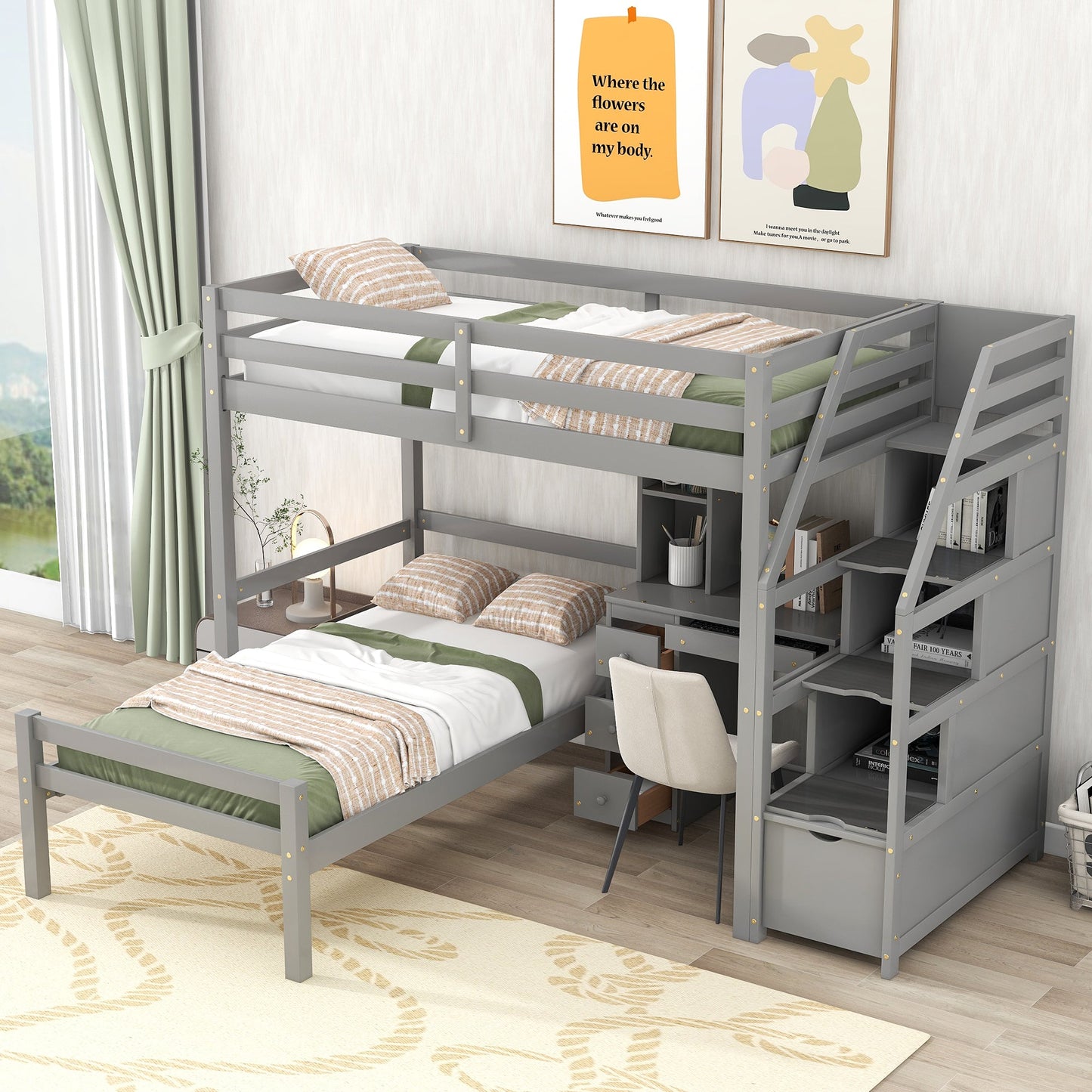 Cama loft tamaño twin con escalera de almacenamiento y escritorio - Gris