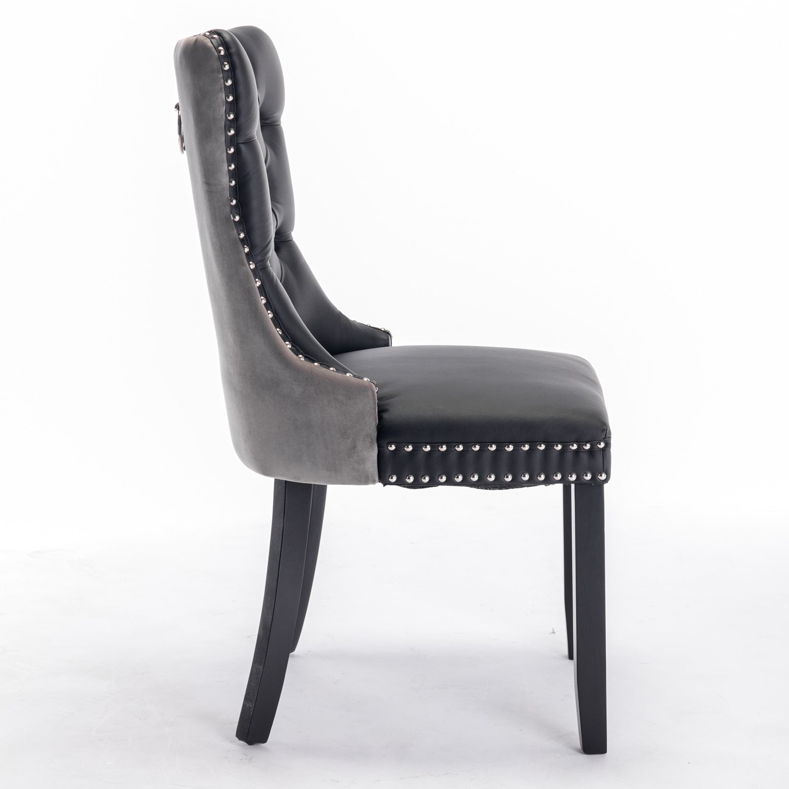 Tufted Solid Wood Contemporary PU and Velvet Upholstered Dining Chair with Wood Legs Nailhead Trim 2-Pcs Set Black+Gray - Korvel